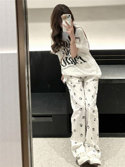 Elastic Waist Paw Print Loose Fit Pants SpreePicky