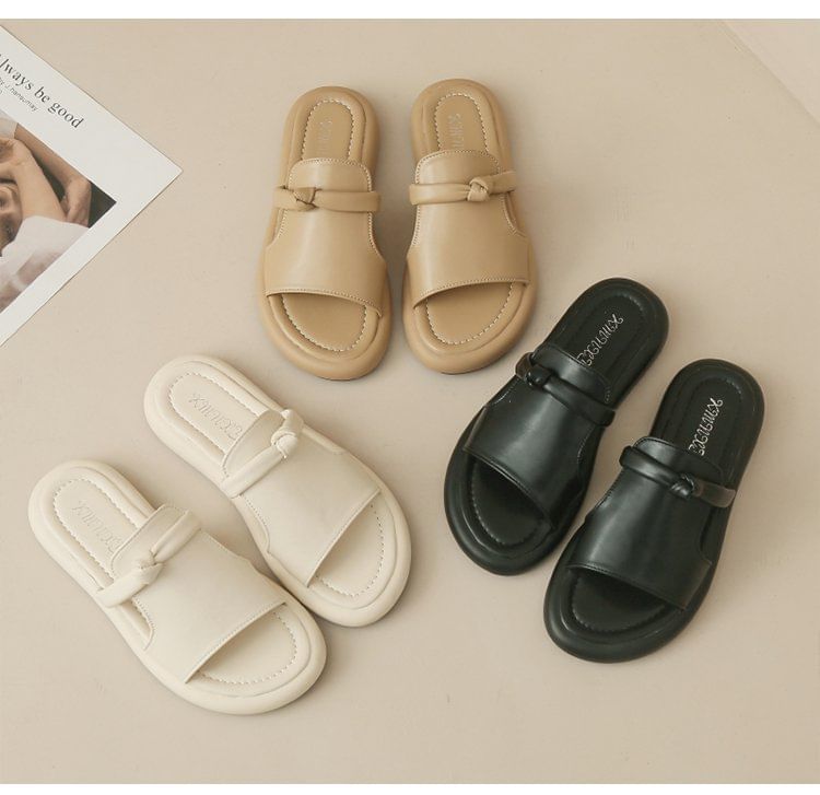 Platform Plain Knot Faux Leather Slide Sandals SpreePicky