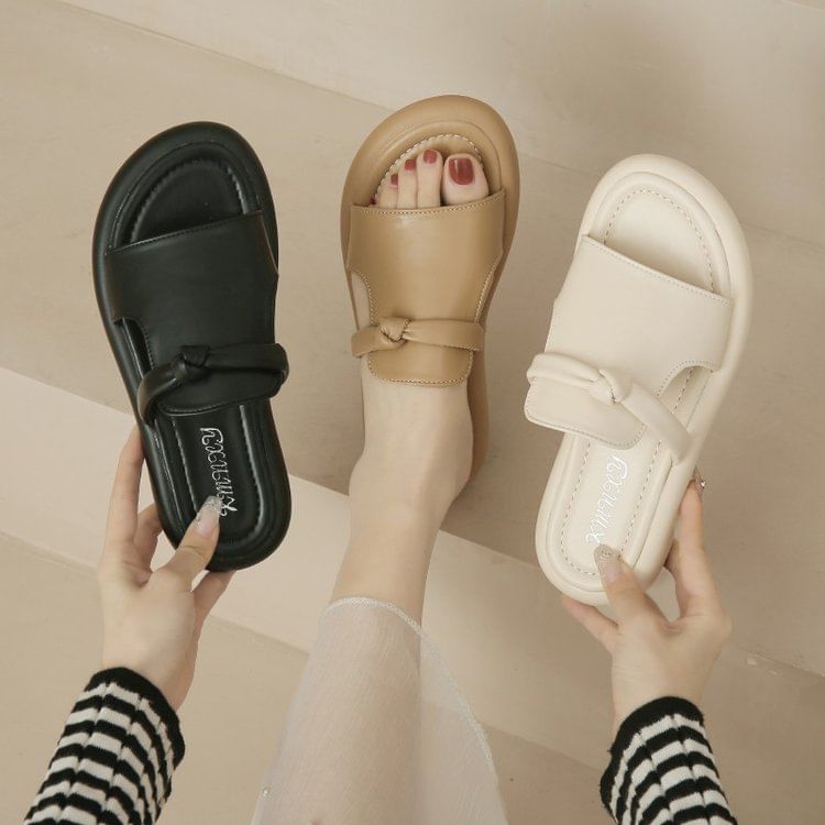 Platform Plain Knot Faux Leather Slide Sandals SpreePicky