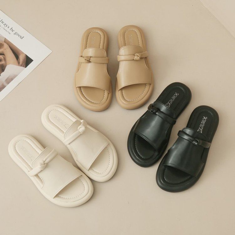 Platform Plain Knot Faux Leather Slide Sandals SpreePicky