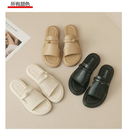 Platform Plain Knot Faux Leather Slide Sandals SpreePicky