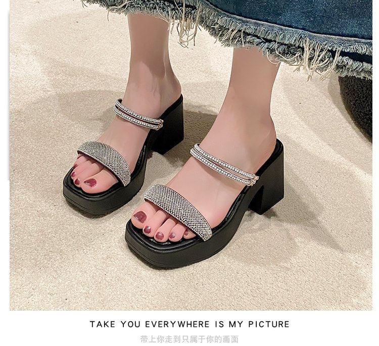 Chunky Heel Square Toe Rhinestone Strap Sandals SpreePicky