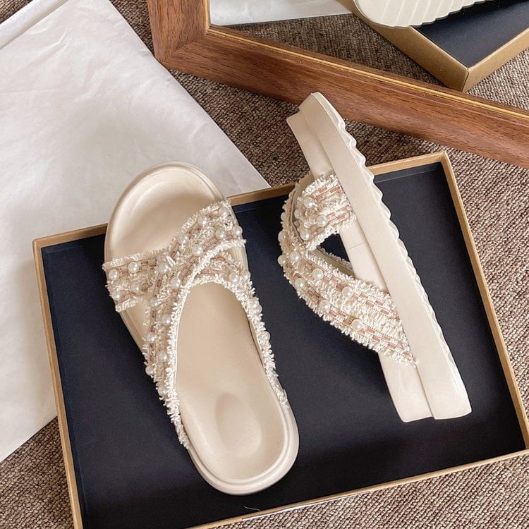 Platform Cross Strap Tweed Faux Pearl Accent Sandals SpreePicky