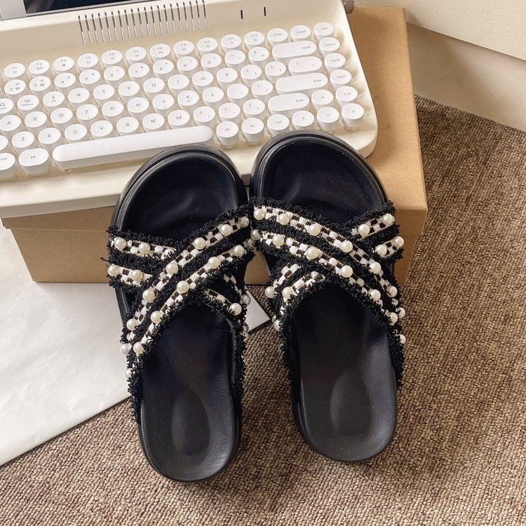 Platform Cross Strap Tweed Faux Pearl Accent Sandals SpreePicky