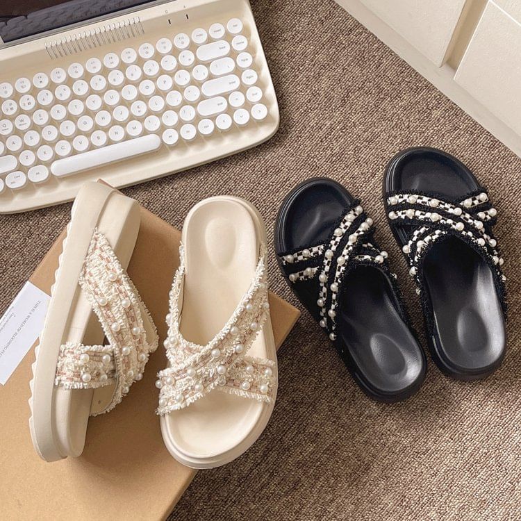 Platform Cross Strap Tweed Faux Pearl Accent Sandals SpreePicky