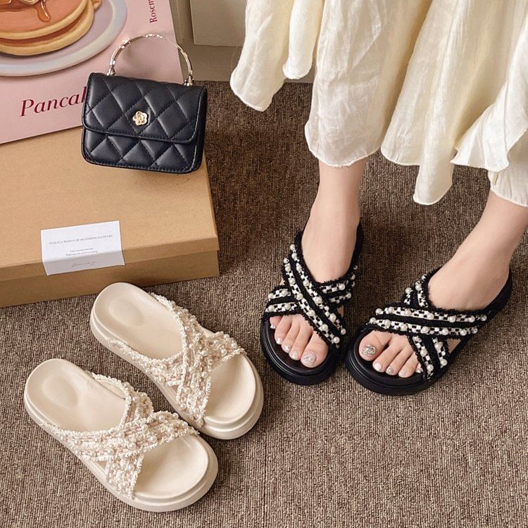 Platform Cross Strap Tweed Faux Pearl Accent Sandals SpreePicky