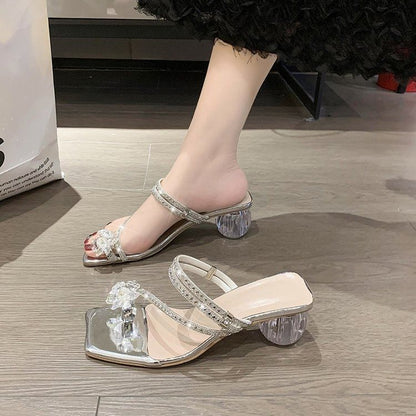 Flower Toe Loop Strappy High Heel Slide Sandals mySite