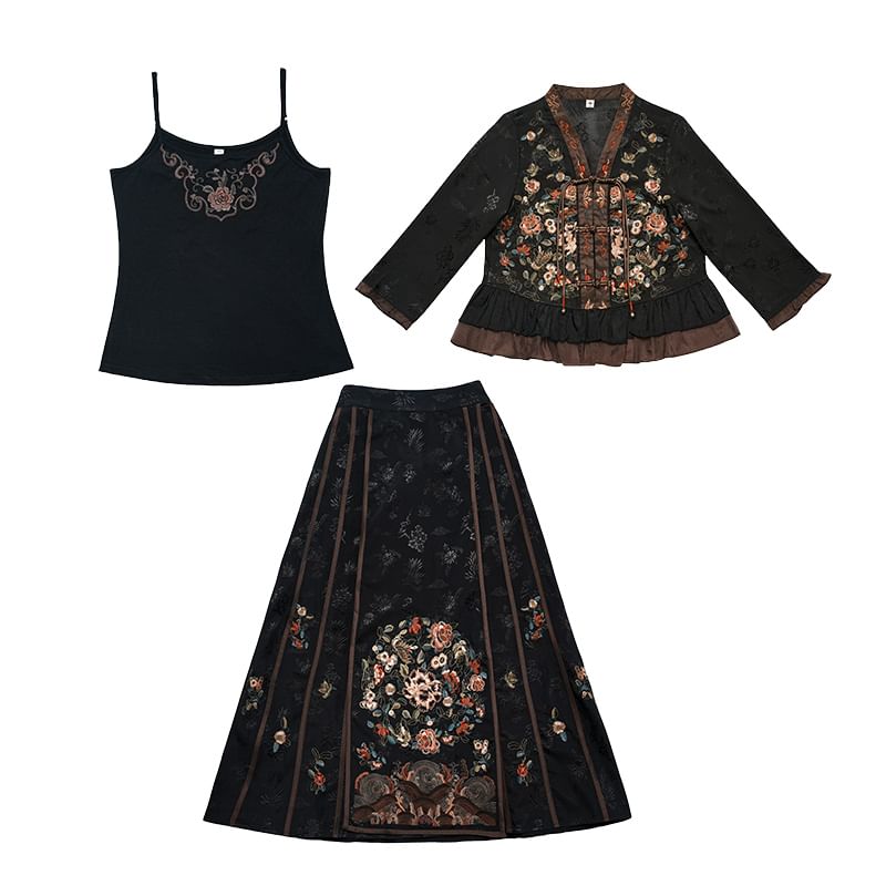 Elbow-Sleeve V-Neck Floral Embroidered Peplum Frog Closure Blouse / High Waist Panel Maxi A-Line Skirt / Camisole Top SpreePicky