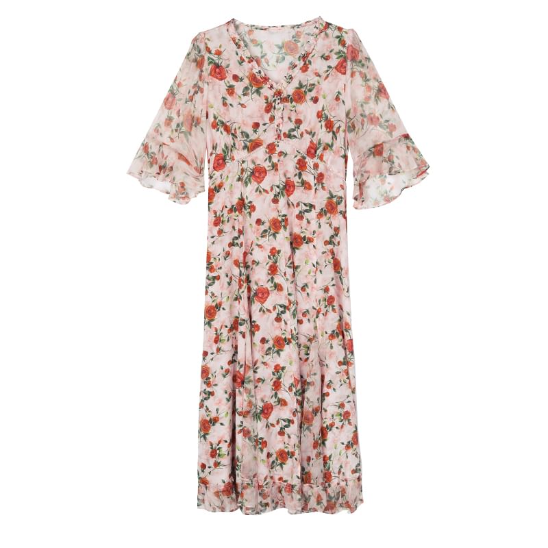 Short-Sleeve V-Neck Floral Print Frill Midi A-Line Dress SpreePicky