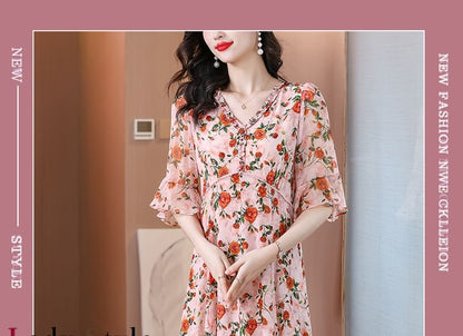 Short-Sleeve V-Neck Floral Print Frill Midi A-Line Dress SpreePicky