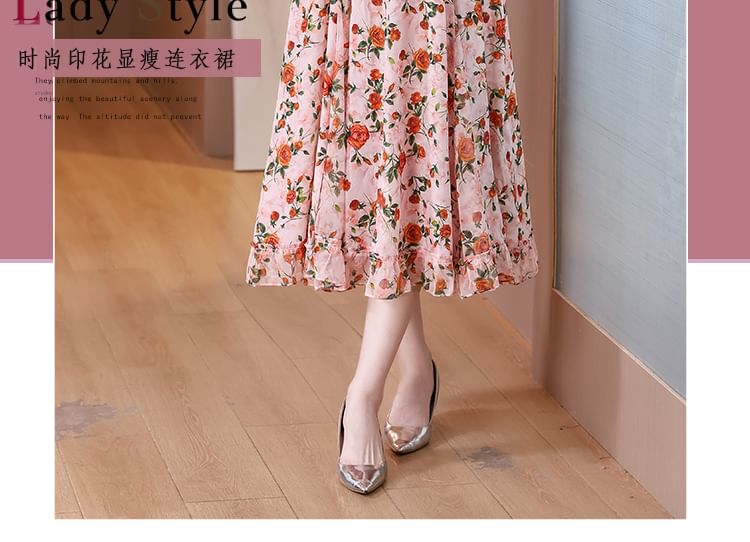 Short-Sleeve V-Neck Floral Print Frill Midi A-Line Dress SpreePicky