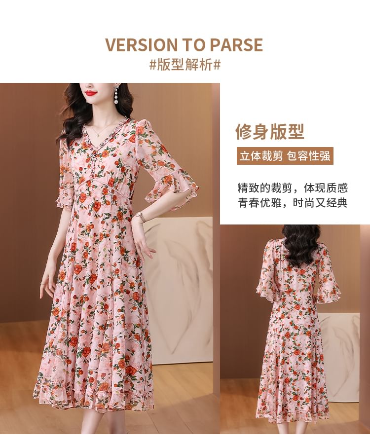 Short-Sleeve V-Neck Floral Print Frill Midi A-Line Dress SpreePicky