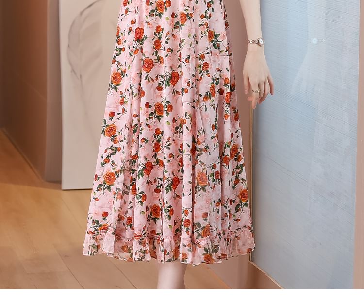 Short-Sleeve V-Neck Floral Print Frill Midi A-Line Dress SpreePicky