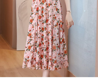 Short-Sleeve V-Neck Floral Print Frill Midi A-Line Dress SpreePicky