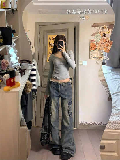 Low Waist Washed Wide Leg Cargo Jeans SpreePicky