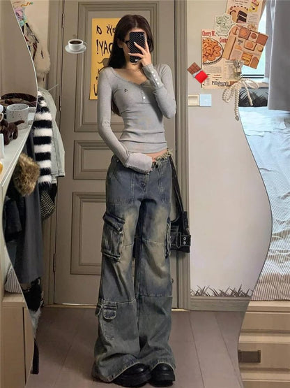 Low Waist Washed Wide Leg Cargo Jeans SpreePicky