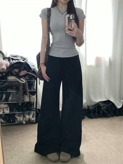 Mid Waist Plain Wide Leg Pants SpreePicky