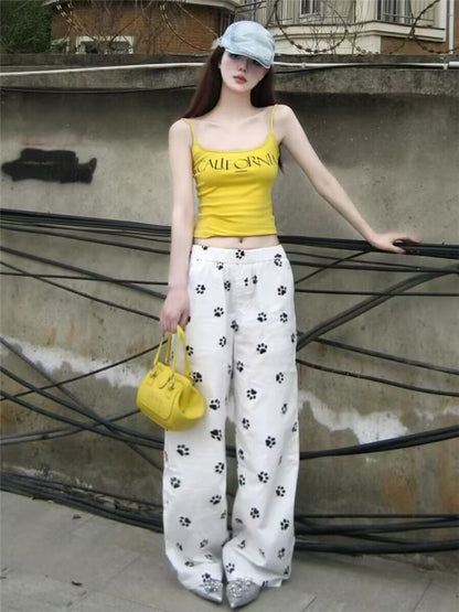 Low Waist Paw Print Wide Leg Pants SpreePicky