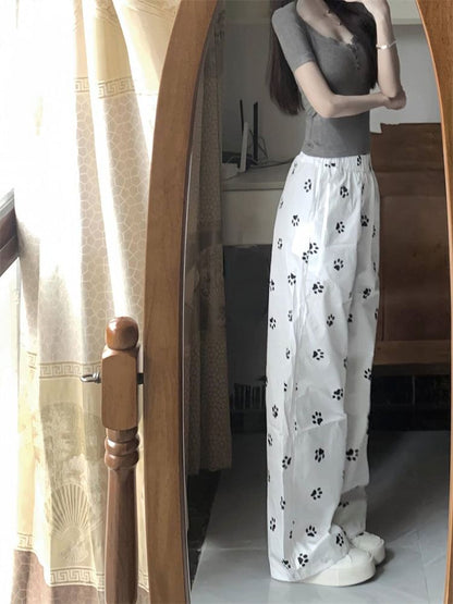 Mid Rise Paw Print Wide Leg Pants SpreePicky