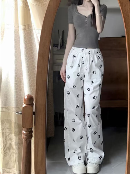 Mid Rise Paw Print Wide Leg Pants SpreePicky