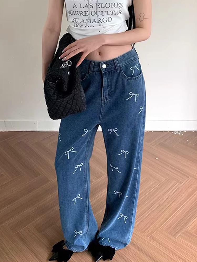 Low Waist Bow Print Wide Leg Jeans SpreePicky