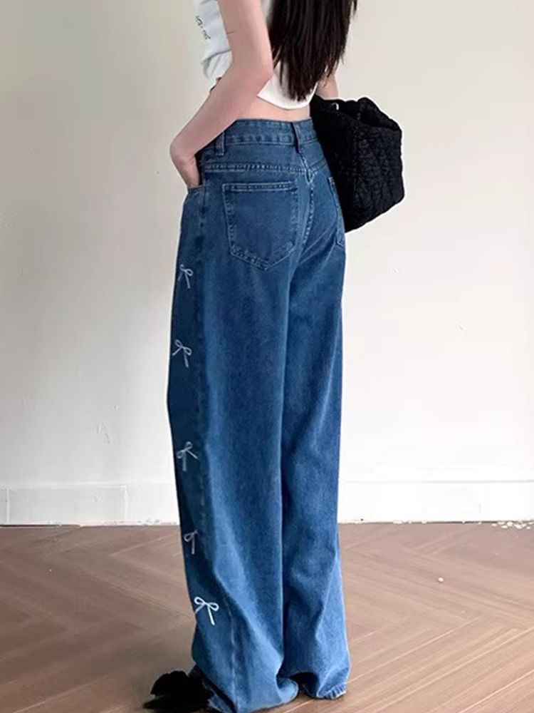 Low Waist Bow Print Wide Leg Jeans SpreePicky