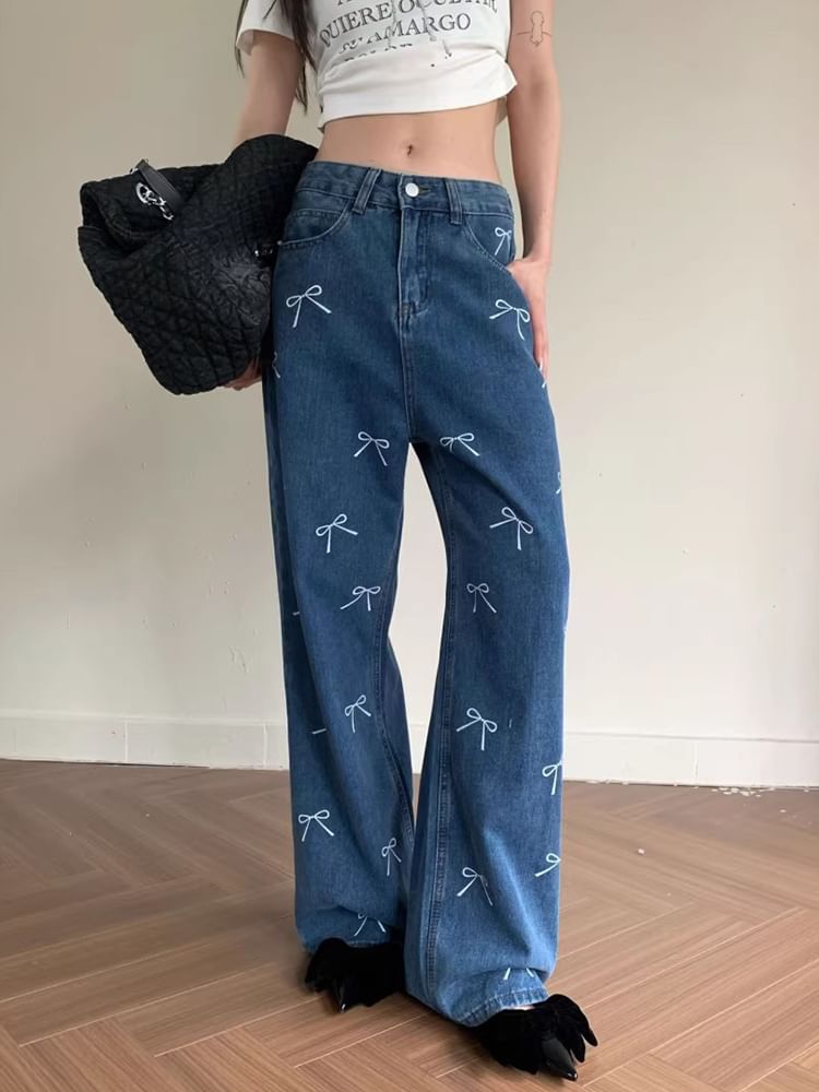 Low Waist Bow Print Wide Leg Jeans SpreePicky