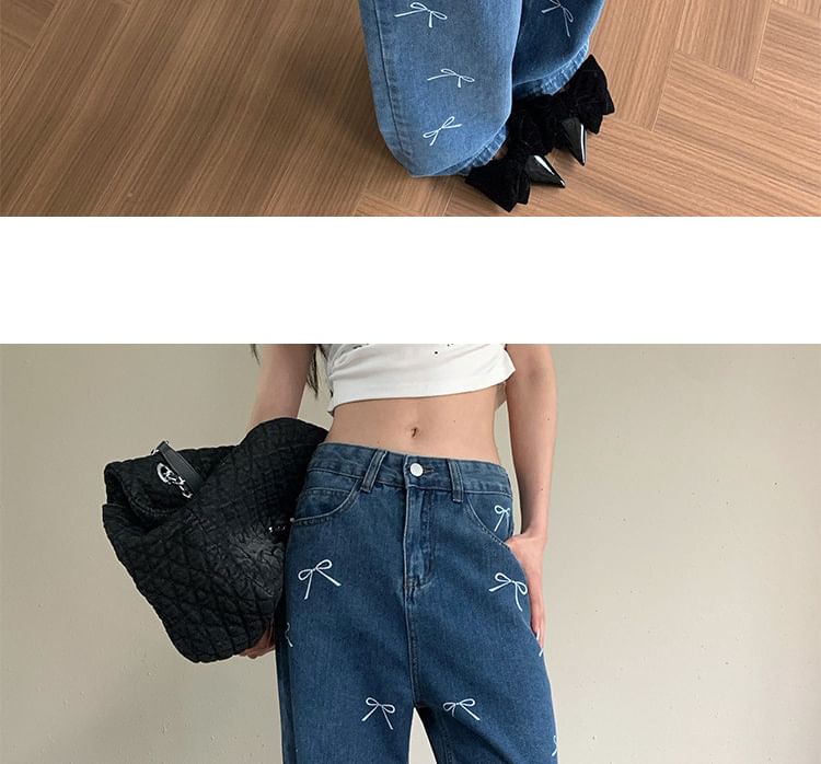 Low Waist Bow Print Wide Leg Jeans SpreePicky