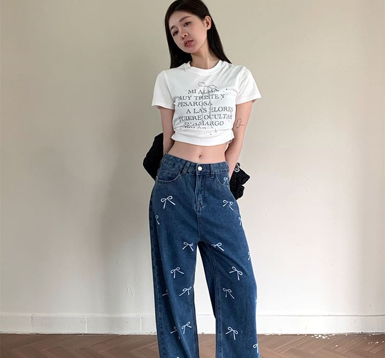 Low Waist Bow Print Wide Leg Jeans SpreePicky