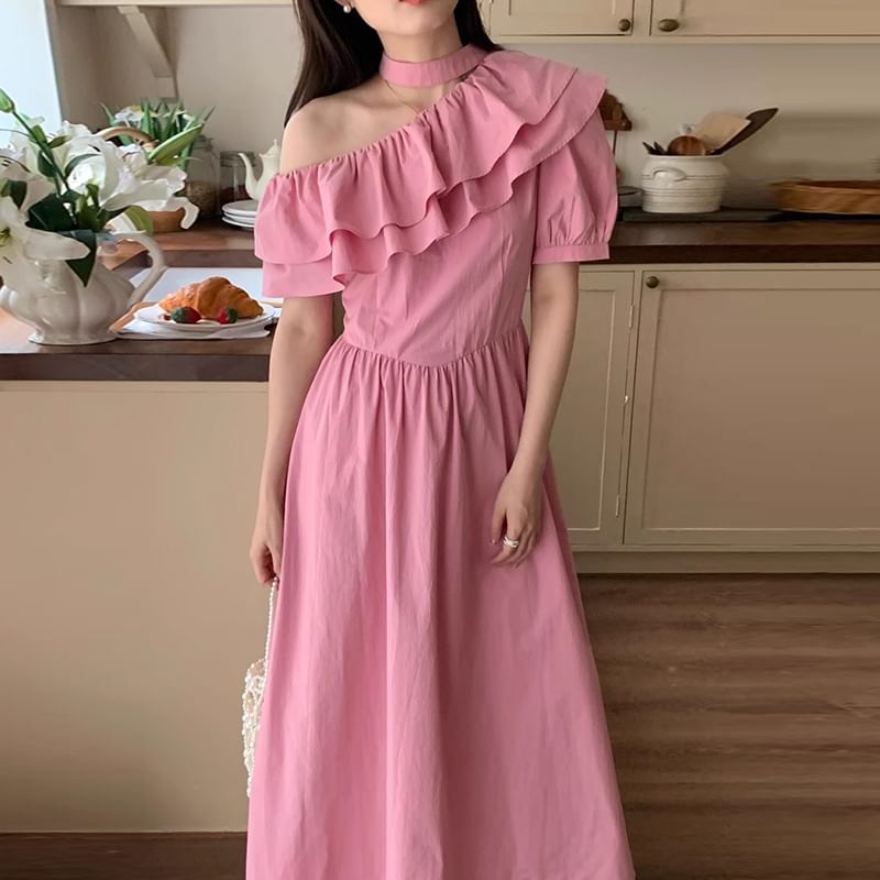 Puff-Sleeve One-Shoulder Plain Ruffle Maxi A-Line Dress SpreePicky