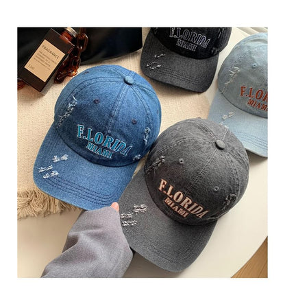 Lettering Embroidered Distressed Denim Baseball Cap SpreePicky