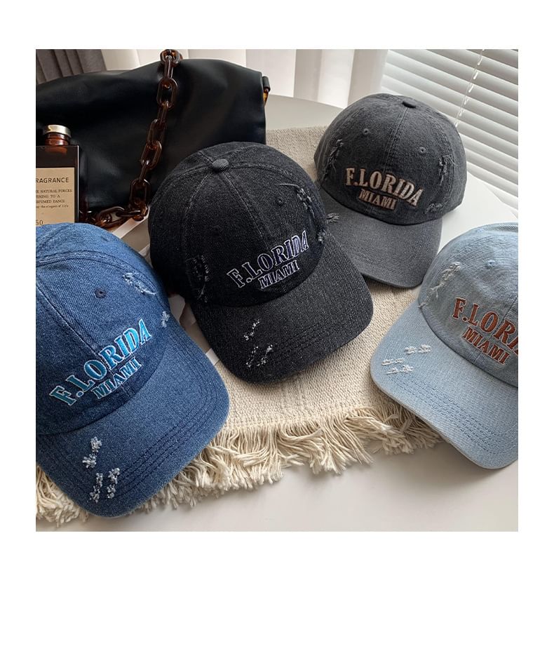 Lettering Embroidered Distressed Denim Baseball Cap SpreePicky