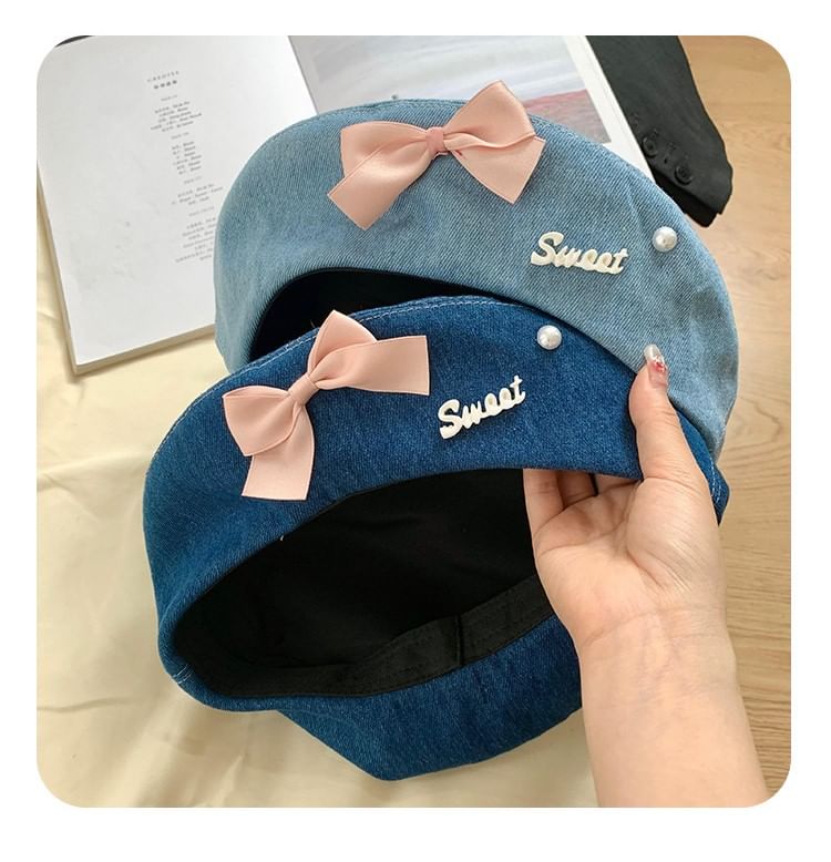 Ribbon Denim Beret Hat SpreePicky