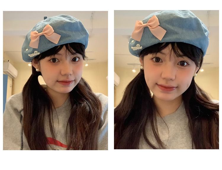 Ribbon Denim Beret Hat SpreePicky