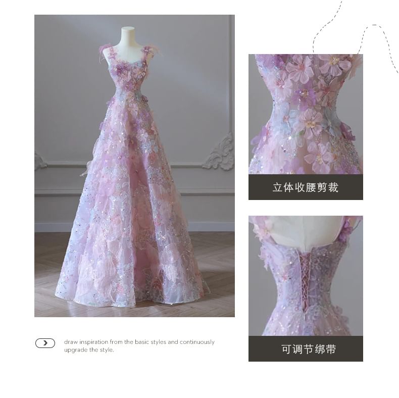 Tie-Shoulder Floral Applique A-Line Evening Gown Egirldoll