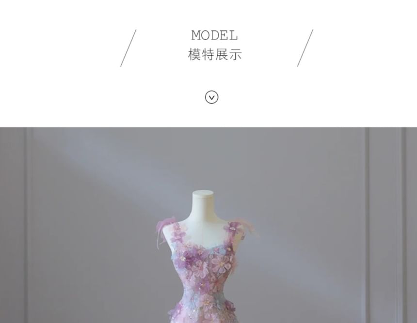 Tie-Shoulder Floral Applique A-Line Evening Gown Egirldoll