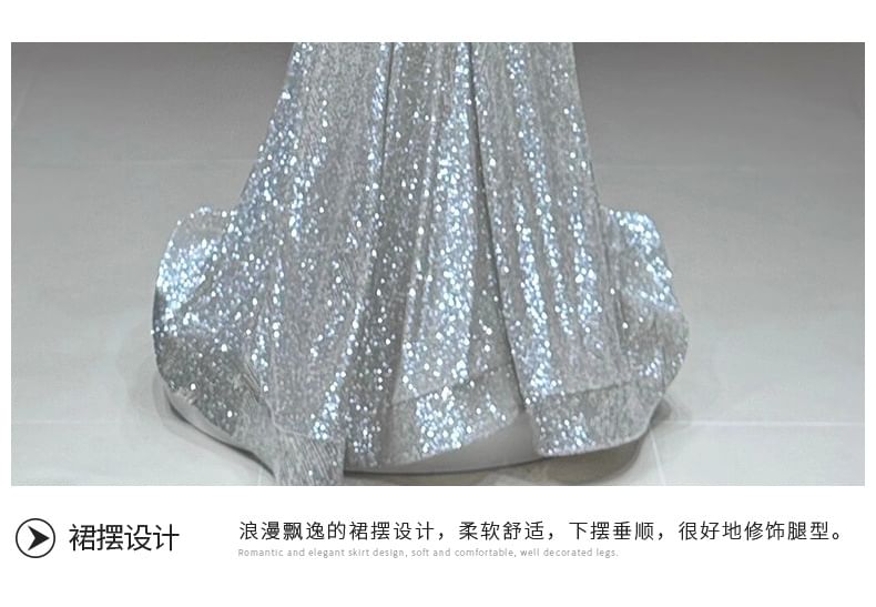 Halter-Neck Sequined Shirred A-Line Evening Gown / Fluffy Cape / Set SpreePicky