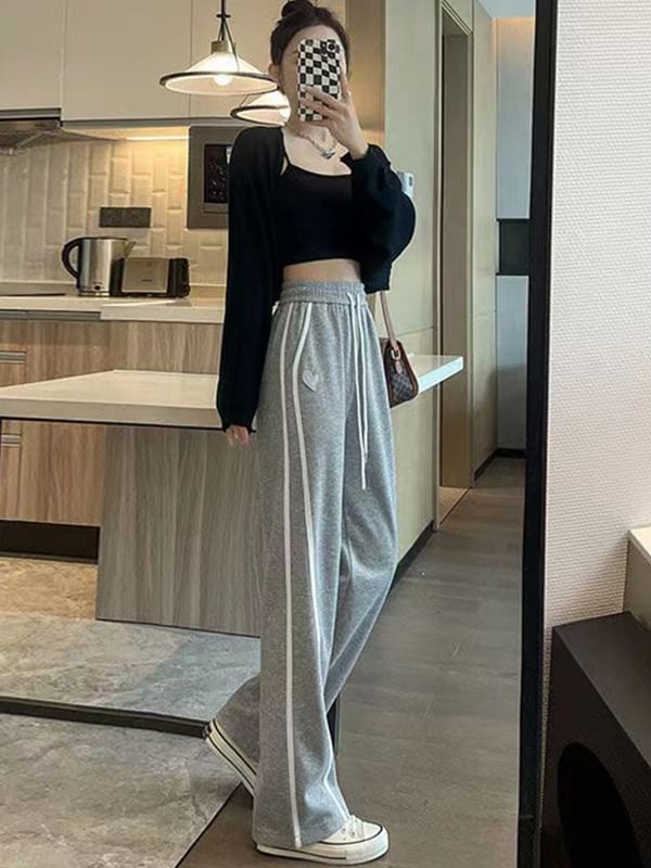 High Waist Heart Embroidered Striped Straight-Fit Wide-Leg Sweatpants SpreePicky