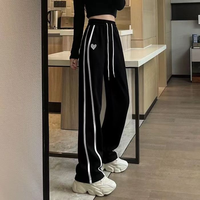 High Waist Heart Embroidered Striped Straight-Fit Wide-Leg Sweatpants SpreePicky