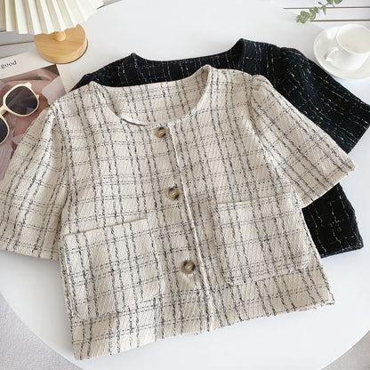 Short-Sleeve Plaid Pocket Detail Blouse mySite