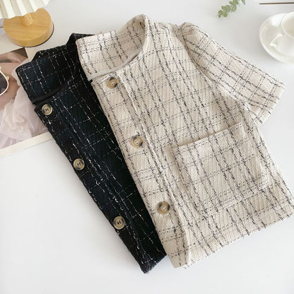 Short-Sleeve Plaid Pocket Detail Blouse mySite