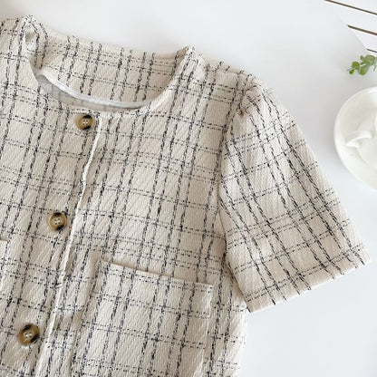 Short-Sleeve Plaid Pocket Detail Blouse mySite