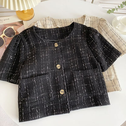 Short-Sleeve Plaid Pocket Detail Blouse mySite