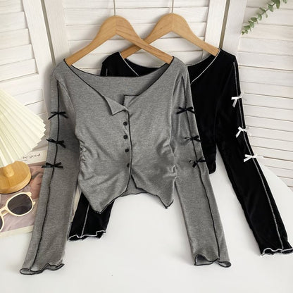 Long-Sleeve Plain Asymmetrical Bow Tee mySite