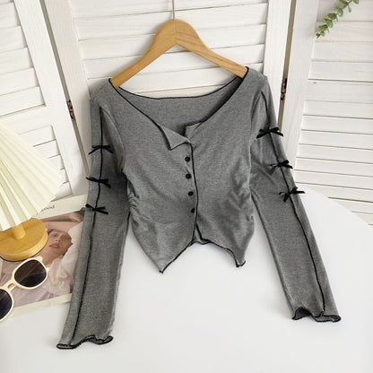 Long-Sleeve Plain Asymmetrical Bow Tee mySite