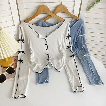 Long-Sleeve Plain Asymmetrical Bow Tee mySite