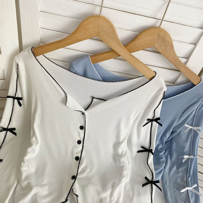 Long-Sleeve Plain Asymmetrical Bow Tee mySite