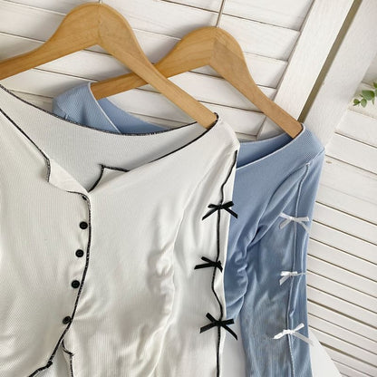 Long-Sleeve Plain Asymmetrical Bow Tee mySite