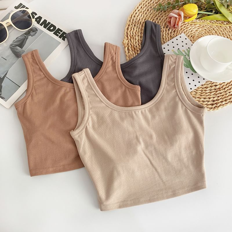 Scoop Neck Plain Crop Tank Top mySite