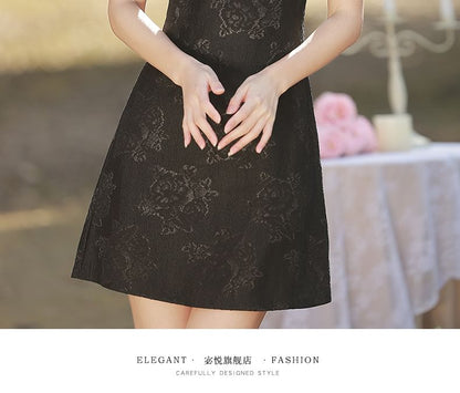 Puff-Sleeve Stand Collar Bow Mini A-Line Lace Dress SpreePicky